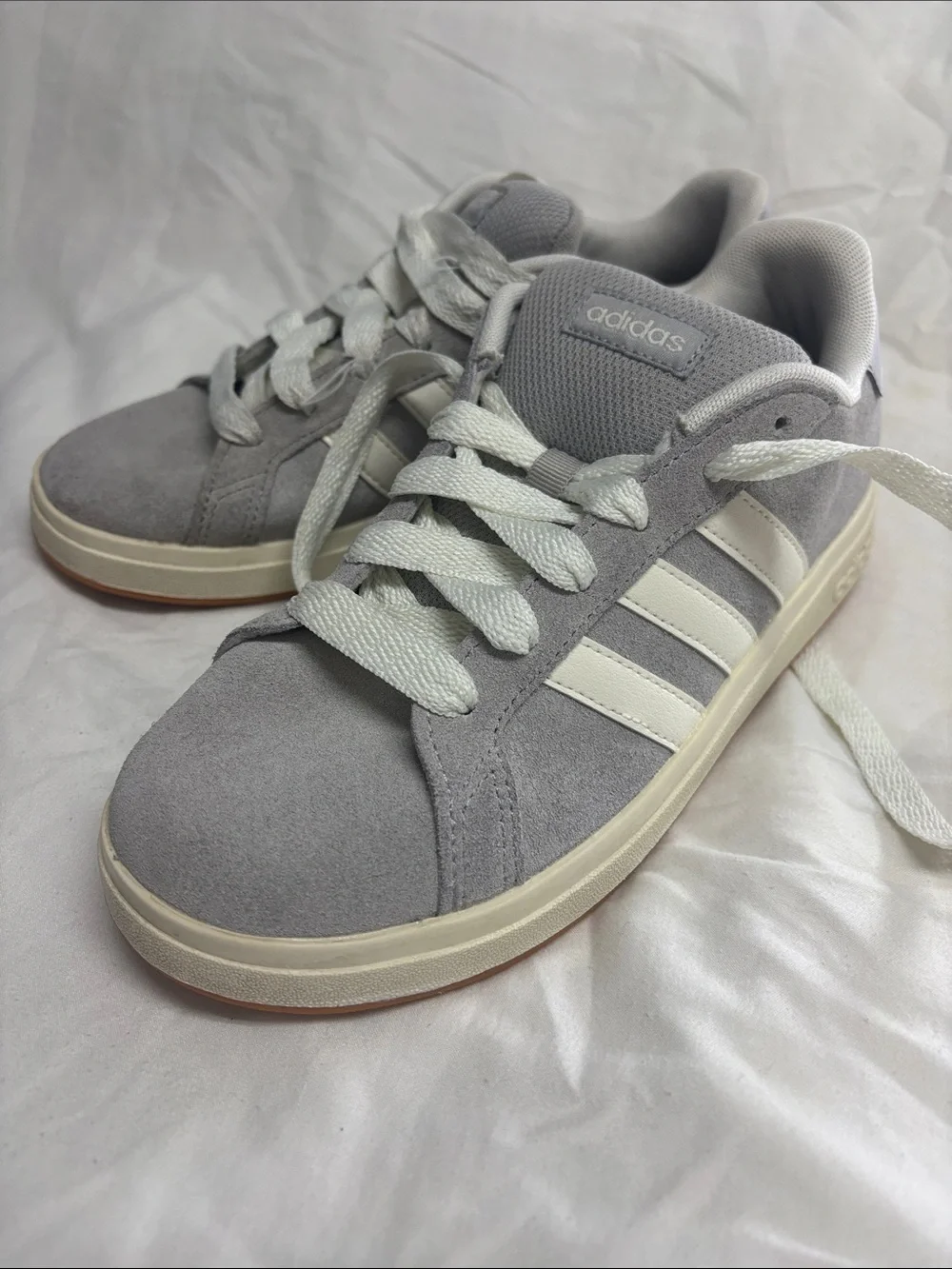 adidas Kids Light Gray Suede Sneakers with White Stripes